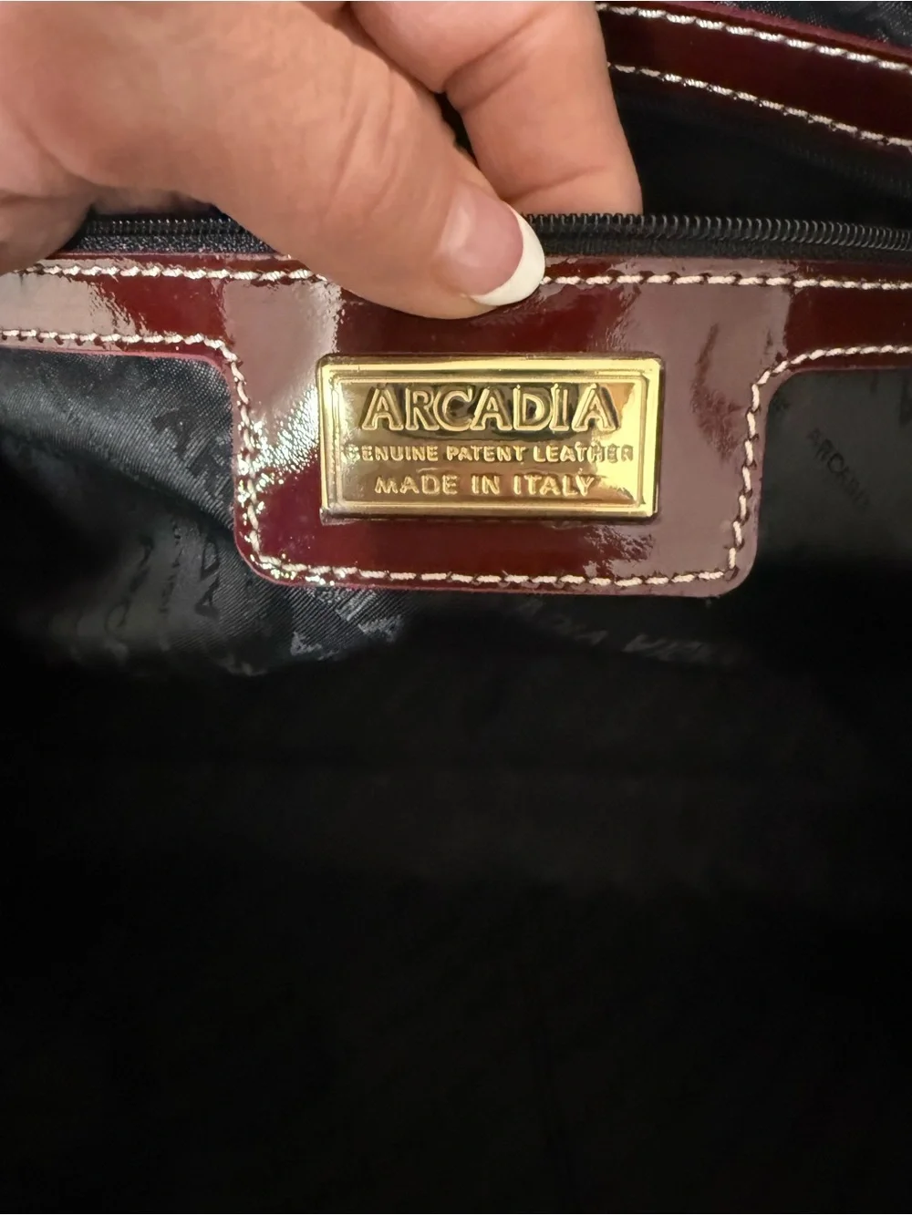 Arcadia Patent Leather Burgundy Shoulder Bag with Tan Trim